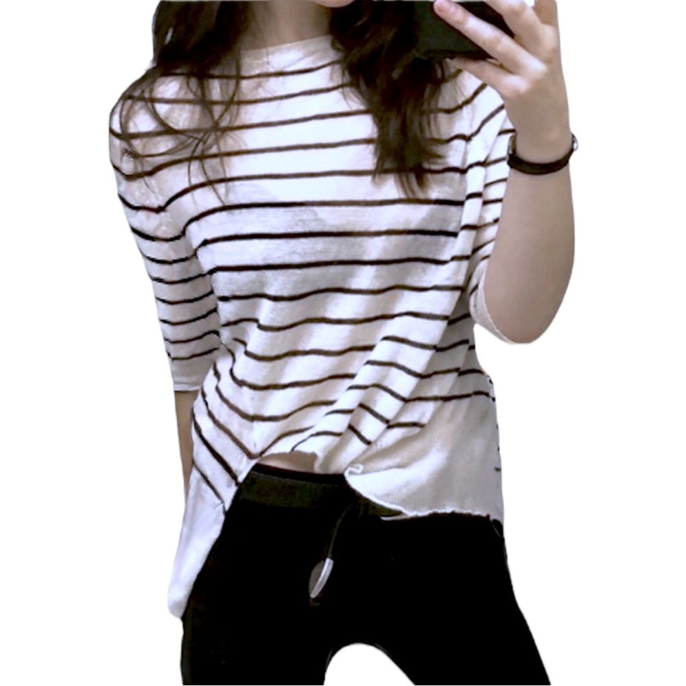 ALC Dark Blue Cream Striped Asymmetrical Thin Knit 3/4 Sleeve Pullover Sweater M